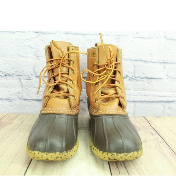 LL Bean Brown Unlined Ankle Duck Boots 8" Leather Lace Up Round Toe Size 7 M - Picture 4 of 11